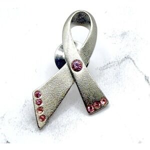 Avon Breast Cancer Awareness Ribbon Pin Pink Rhinestones Silver 1.5"